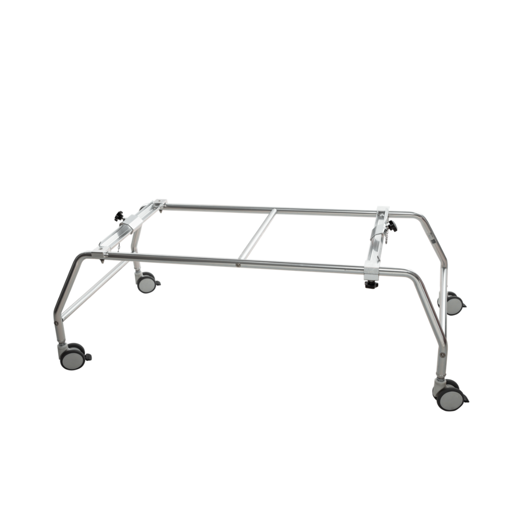 A metal wheeled frame with adjustable bars, the Anchor Rolling Shower Base For Anchor Bath Chair serves as a mobile base for supporting and transporting heavy equipment or as part of a mobile bathing system.